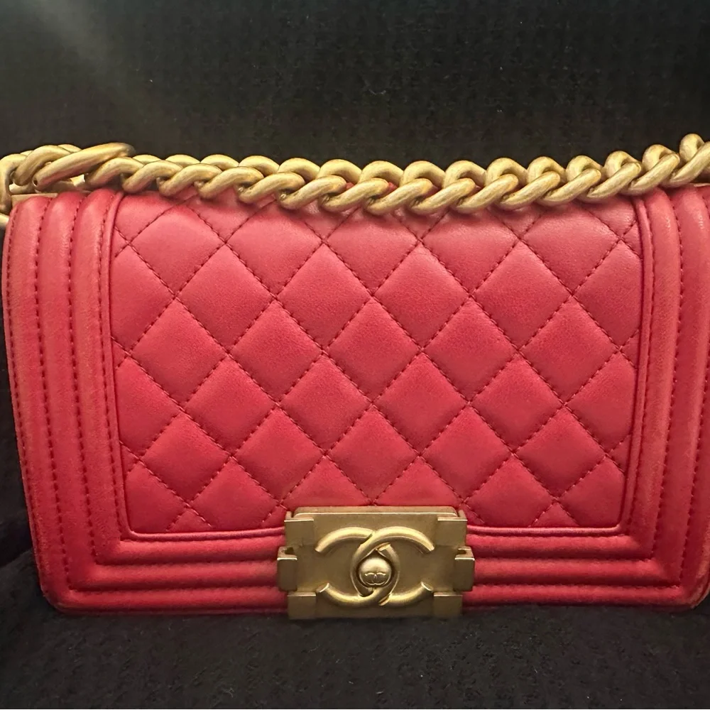 CHANEL Red Quilted Boy Flap Bag with Gold Chain and Hardware